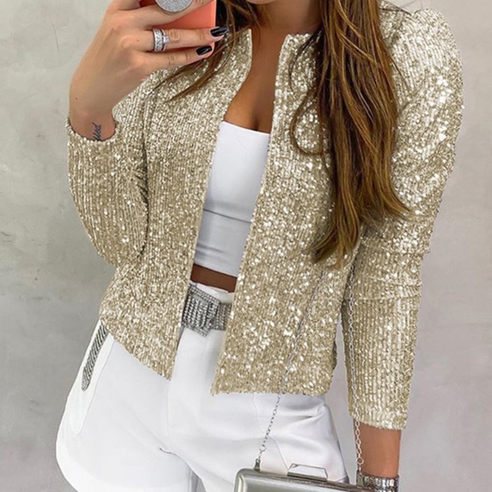 Long Sleeve Open Front Sequin Coat - Picture 2 of 7
